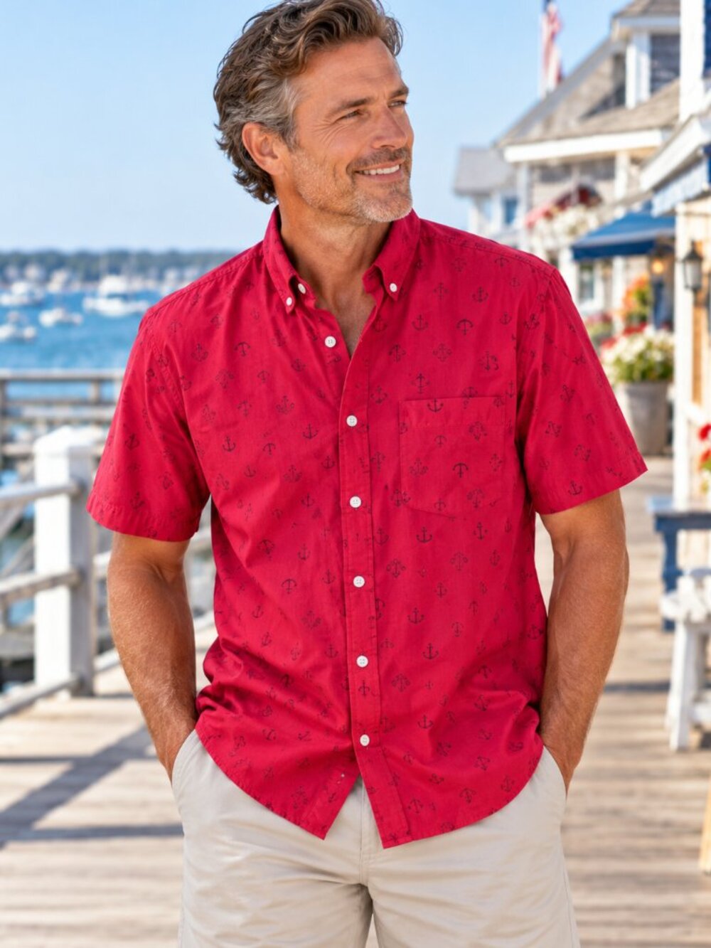 Carbon Short-Sleeved Button-Down Shirt Red Black Anchor Print Men's Size Small